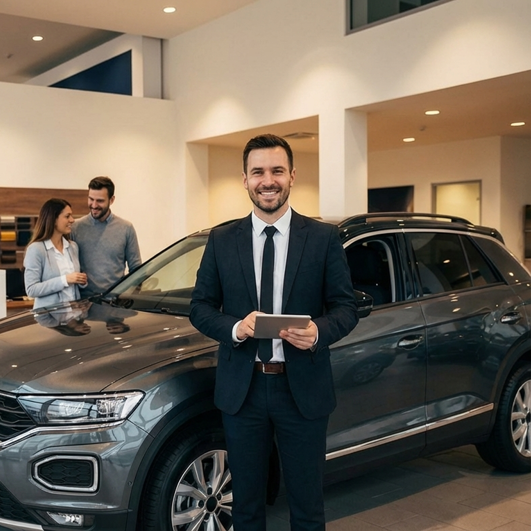 Car dealership showroom with professional staff